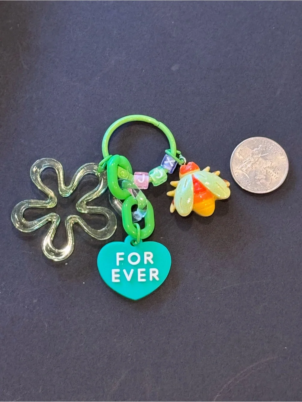 NWT Flower Bee Heart Charm Keychain Green Beaded Bag Clip in Shadow Box